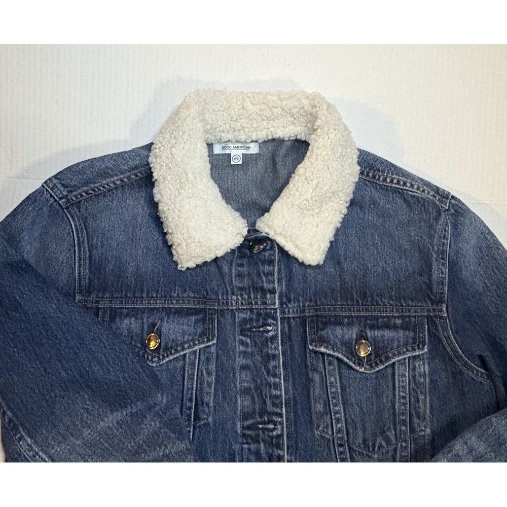 Good American Women's  Trucker Boyfriend Sherpa Denim Button Down Jacket Size 0